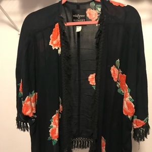 Black fringe and floral kimono